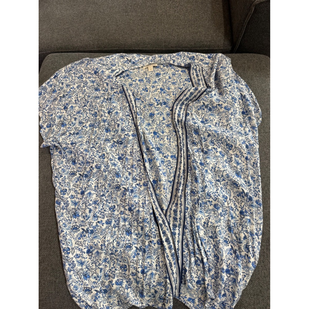 Loft Blue White Floral Kimono Cardigan Open Front Wrap Top Size M/L
